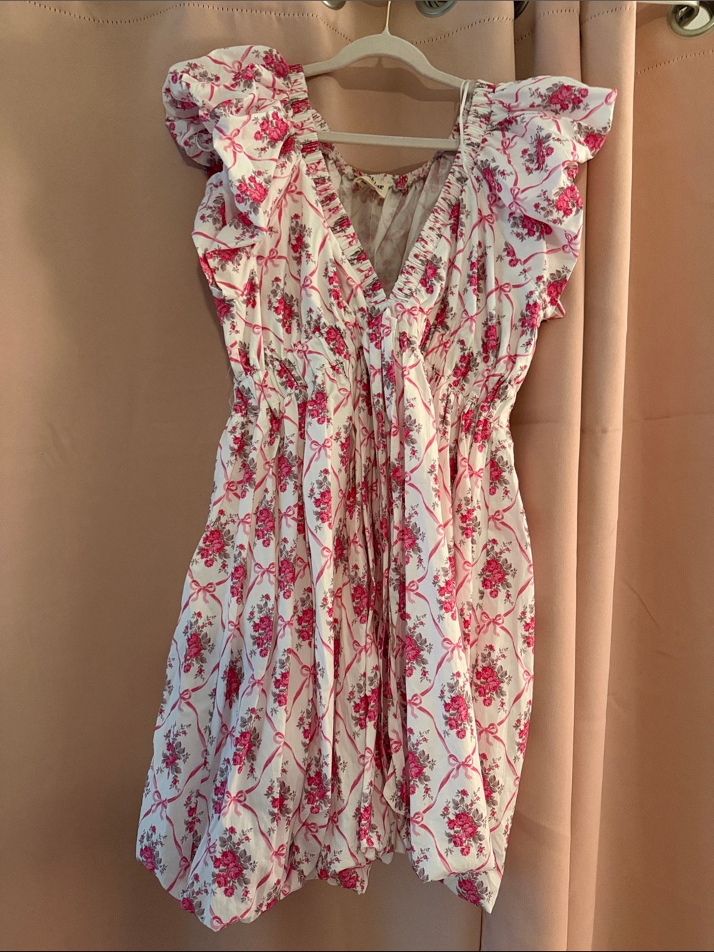 Peach Love (Boutique) Floral Pink and White Ruffle Sleeve Dress